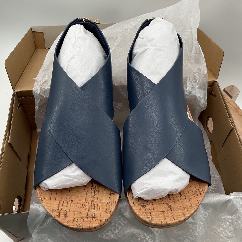 Kenneth Cole Reaction Selena Navy Blue Crisscross Cork Flat Sandals Womens 9‎